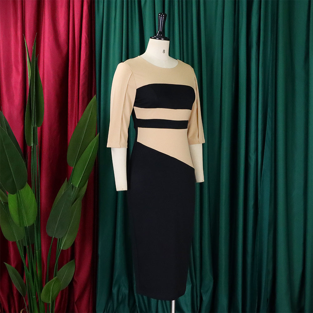 Women Africa Plus Size 3/4 Sleeve Color Block Bodycon Dress 17