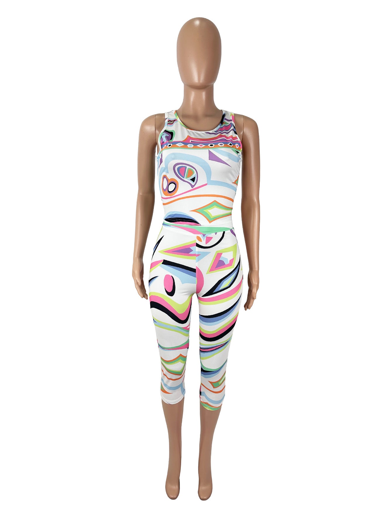 Women sexy Multi-Color Print Tank Top and Capri Two-piece 3