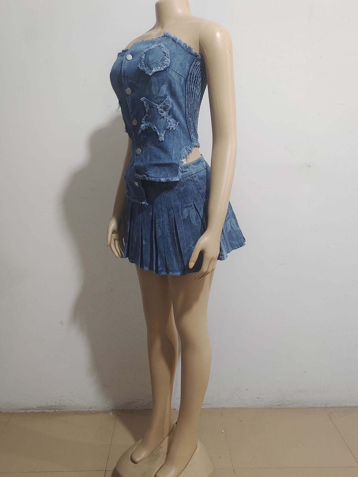 Women's Sexy Fashion Irregular Denim Strapless Top Pleated Skirt Two Piece Set 7