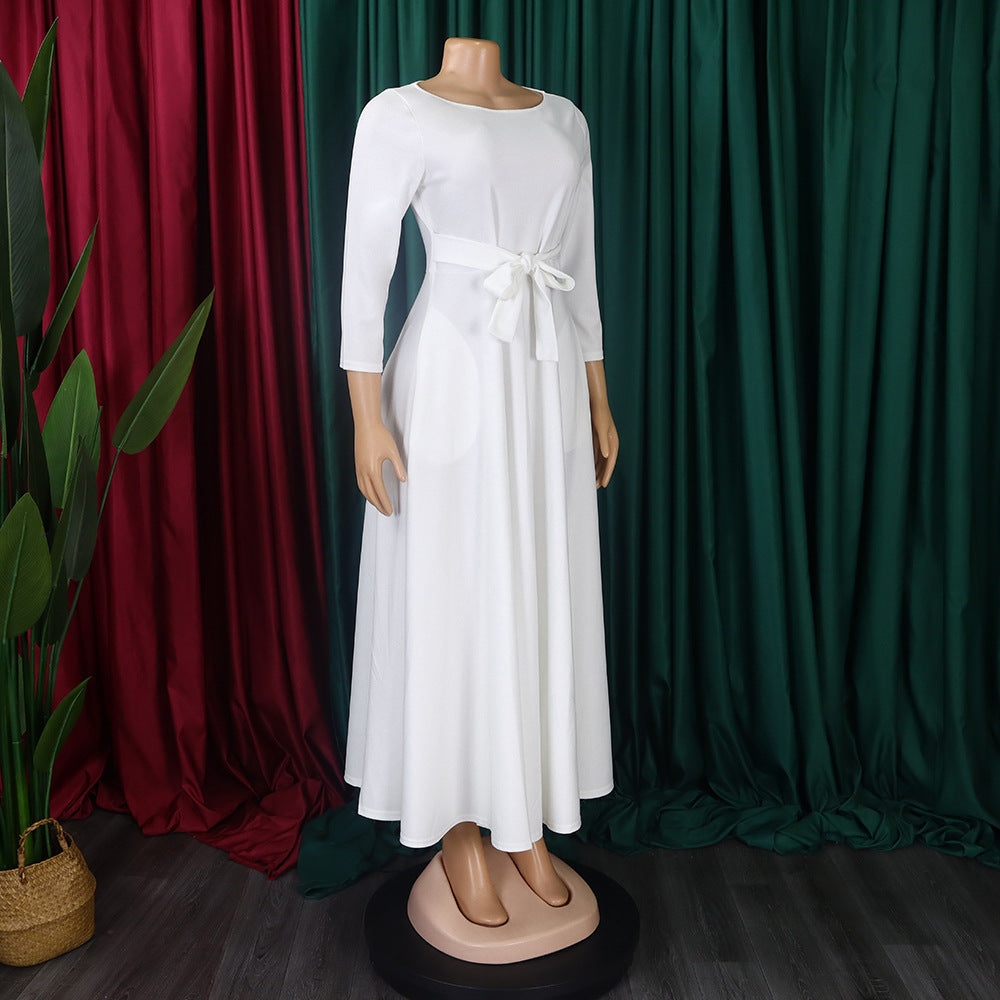 Women's Fall Winter Fashion Chic Solid long sleeve Belted African Plus Size Maxi Dress 34