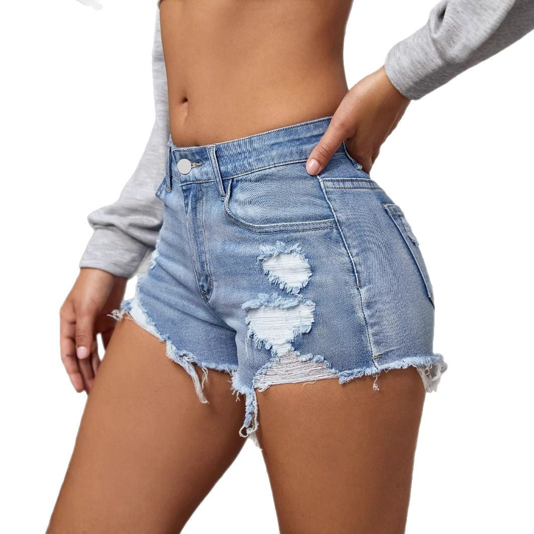 Women Trendy Ripped Hem Elastic Worn Washed Denim Shorts 6