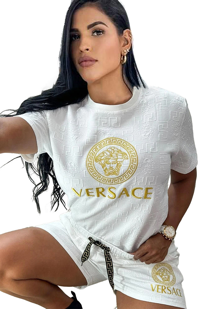 Women summer trendy embroidered + embossed short sleeve Top and shorts two-piece set