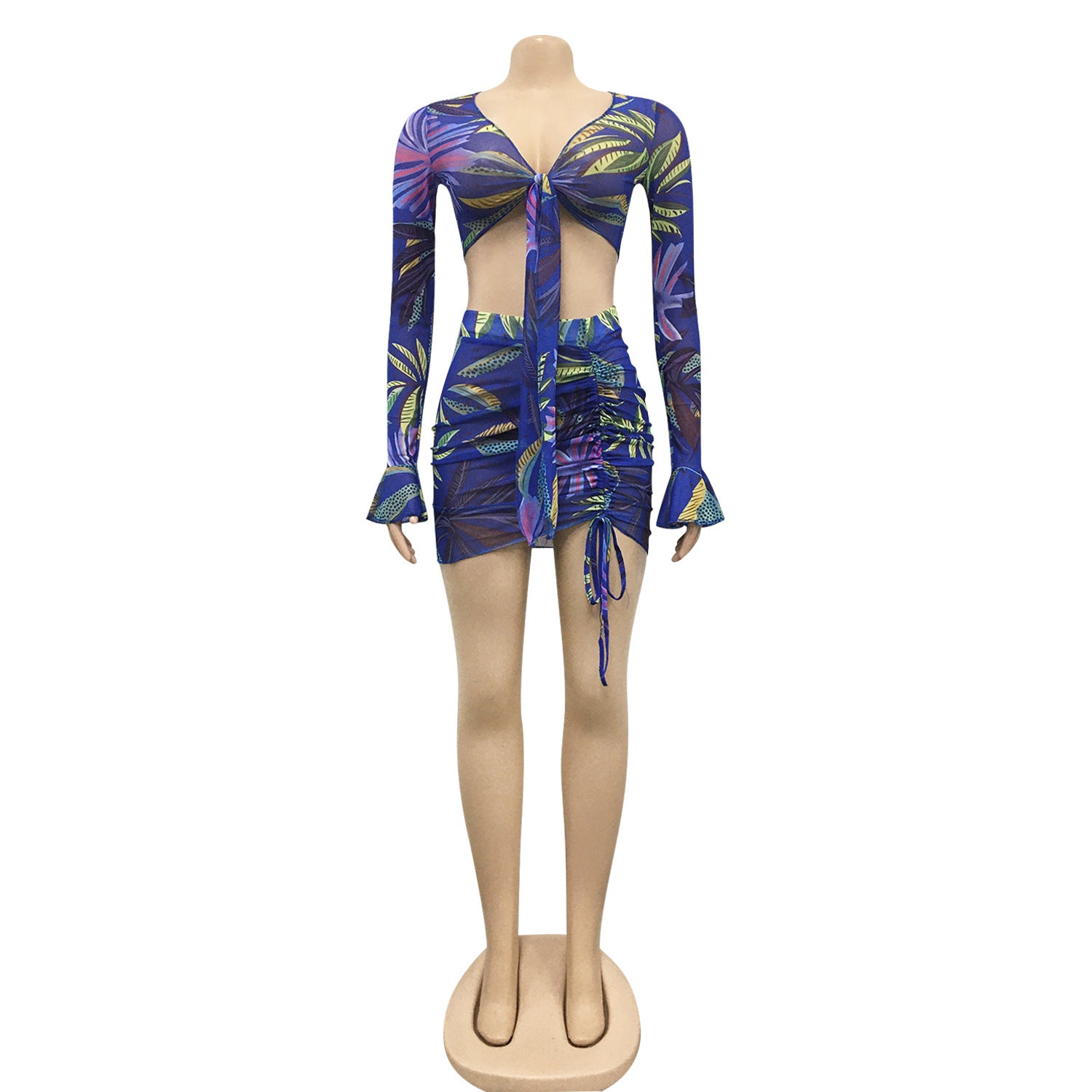 Women Printed V-Neck Lace-Up Long-Sleeved Top and Drawstring Skirt Two-Piece Set 20