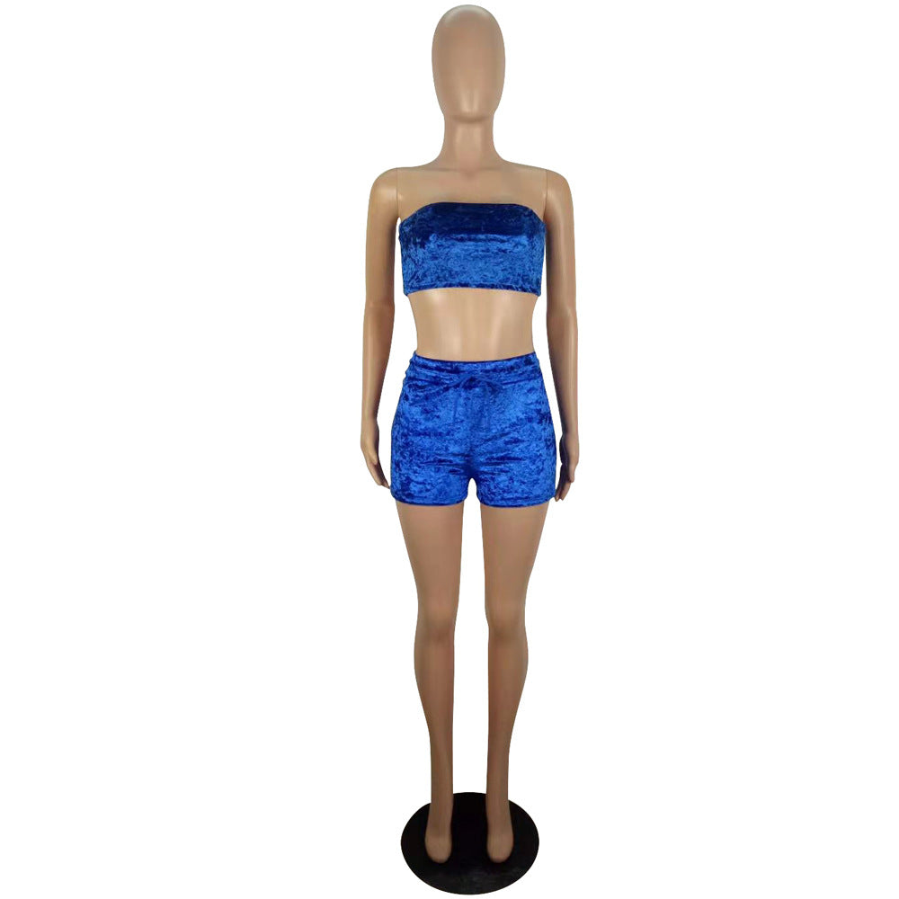 Women's Spring And Summer Style Slim-Fitting Strapless Velvet Crop Top Shorts Two-Piece Set 5