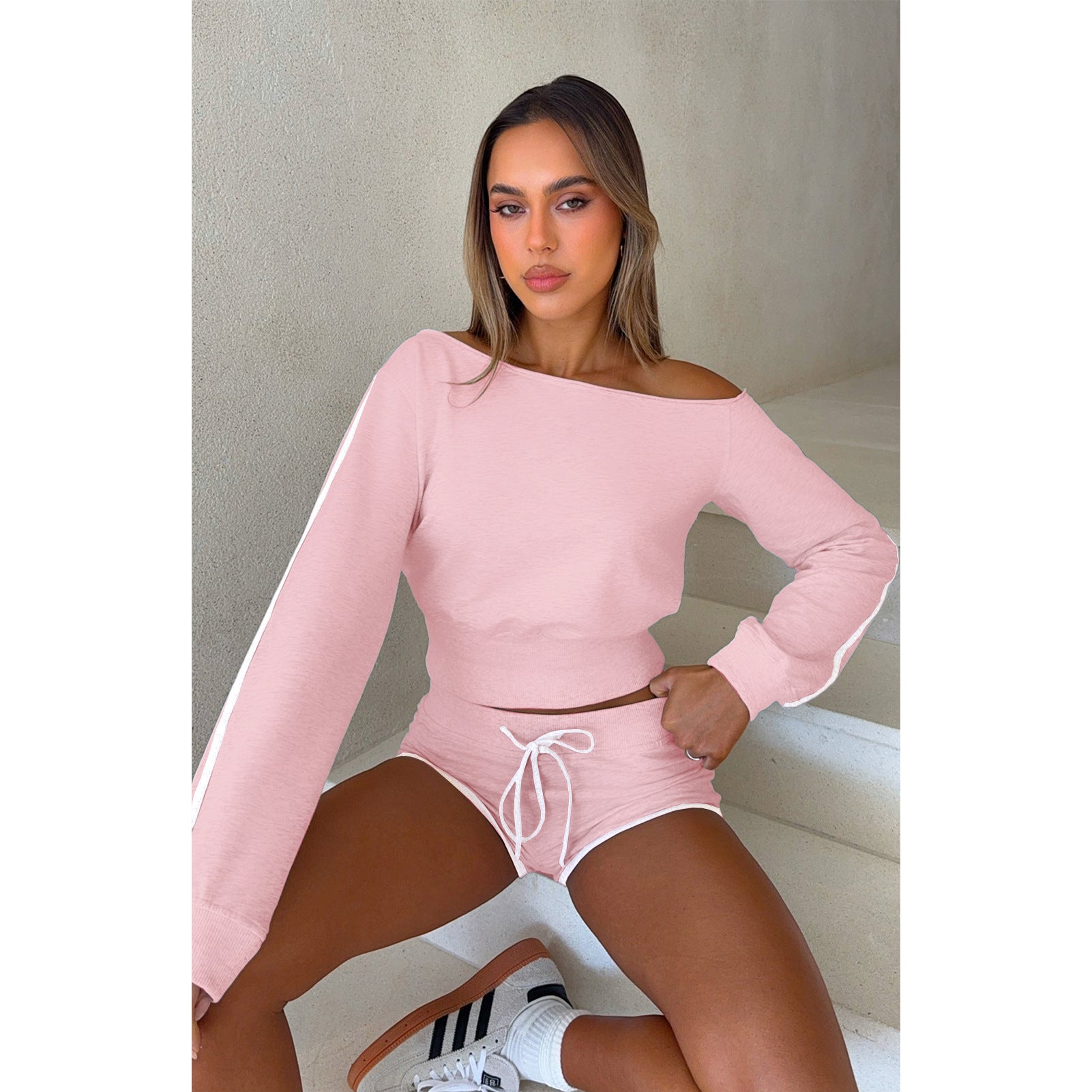 Women's Casual Slash Shoulder Long Sleeve Top Drawstring Shorts Two-Piece Set 66