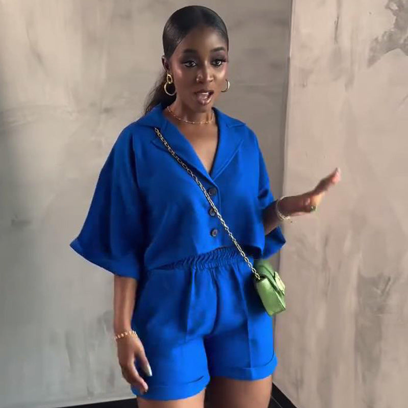 Women's Casual Short-Sleeve Loose Shirt Shorts African Solid Color Two-Piece Set