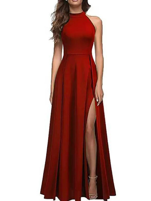 Solid Color Round Neck Sleeveless Slim Waist Slit Dress Long Gown 4