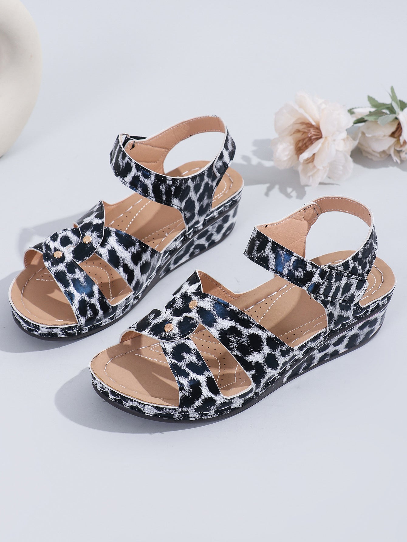 Summer Casual Round Toe Leopard Print High Heel Women's Wedge Slippers Plus Size Women's Shoes 6