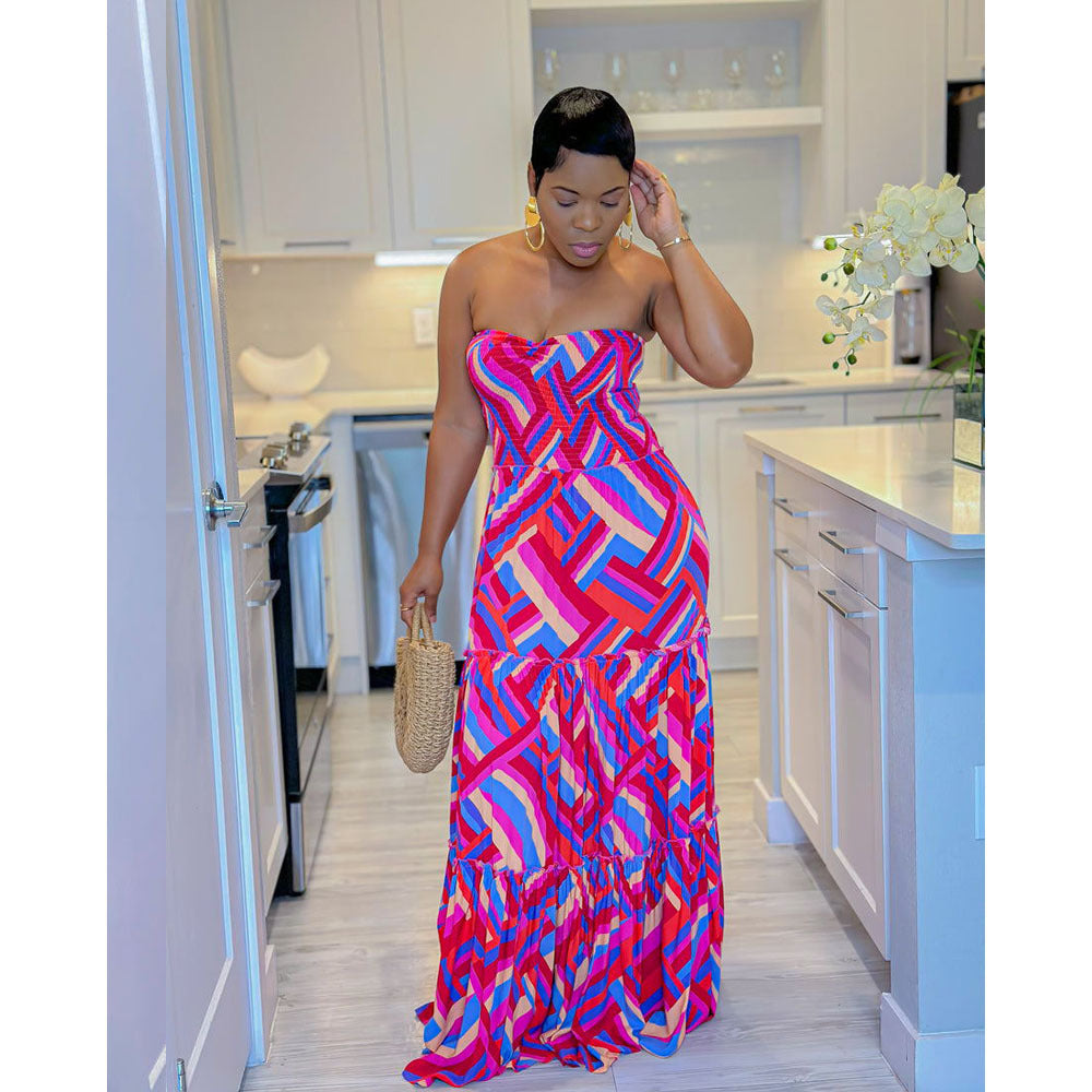 Summer Printed Strapless Swing Maxi Dress 4