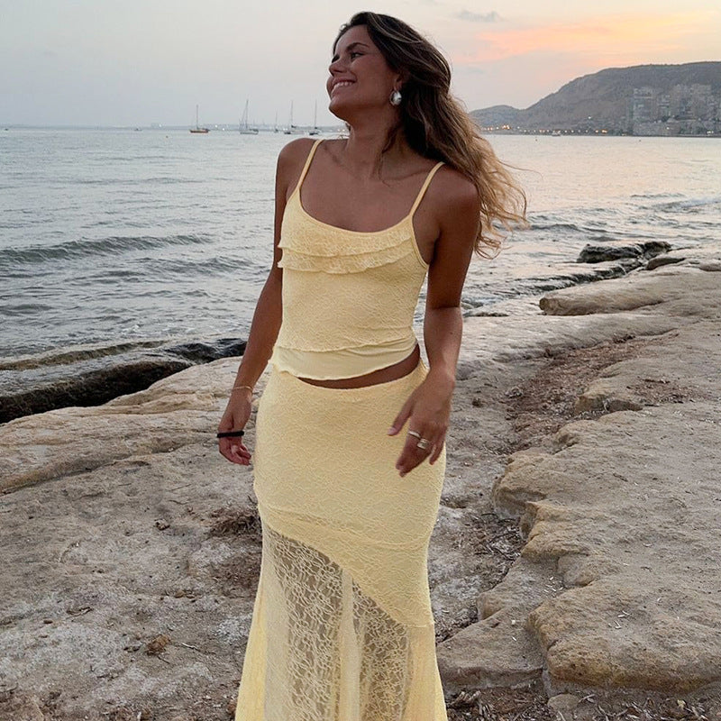 Women Summer Lace See-Through Ruffle Edge Crop Top and Skirt Two Piece Set 4