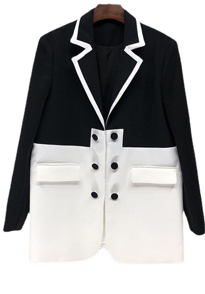 Women's Autumn Winter Coat Chic Black and White Colorblock Double Breasted Maxi Blazer