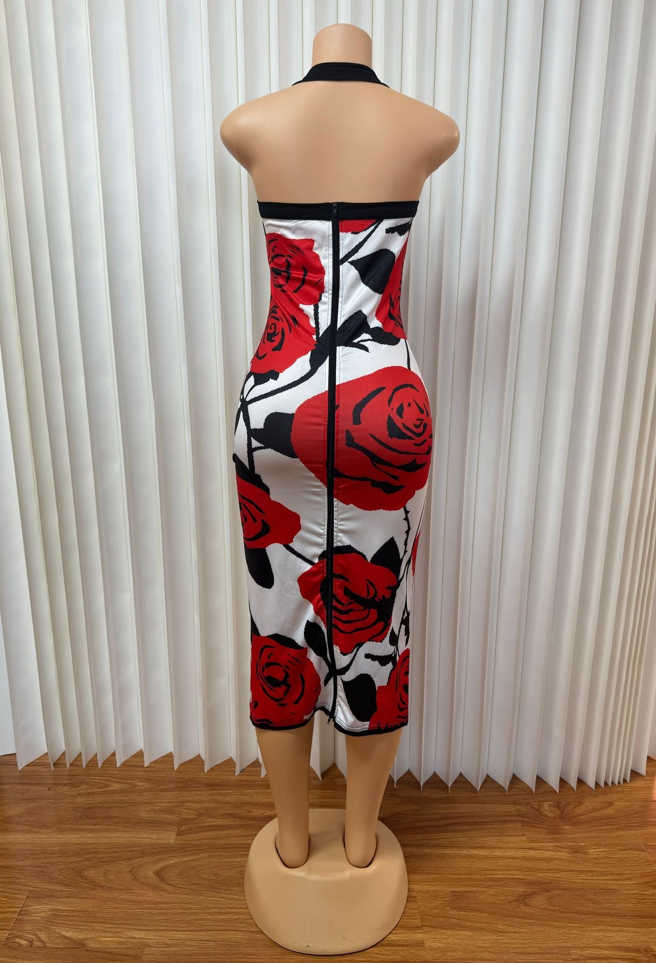 Women Rose Sexy Halter Neck Metal Button Backless Dress 9