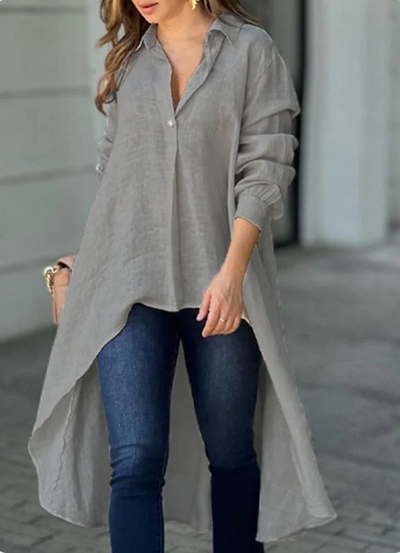 Women Fall Long-sleeved Solid Turndown Collar Shirt 7