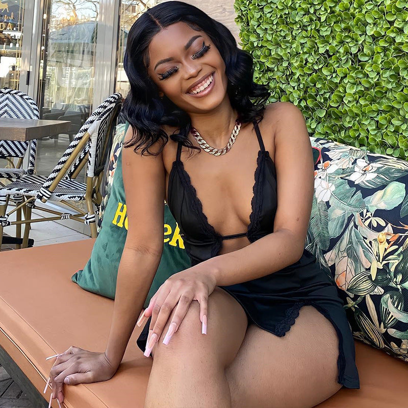 Women's suspenders hollowed out street hipster lace Patchwork slit Bodycon Dress 4