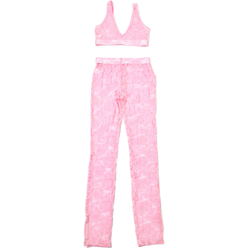 Women Summer Sexy Wrap Patchwork Lace Suspender Crop Top and Pants Two Piece Set 9