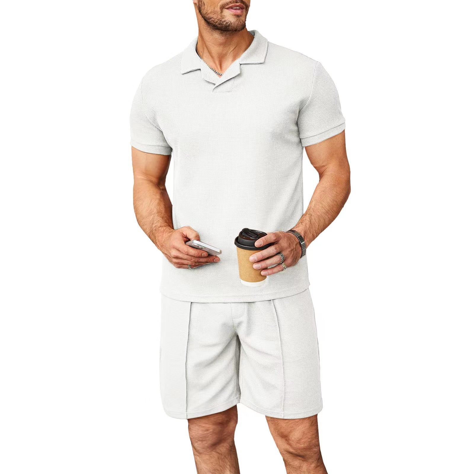 Summer Wafflev Turndown Collar Short-Sleeved Polo Shirt Shorts Men's Casual Fashion Two Piece Set 9