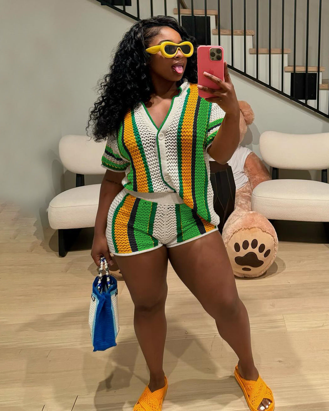 Women's Sexy Hollow Turn-Down Collar Knit Shorts Set 17