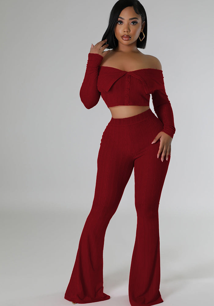 Women Solid Off-Shoulder Top and Wide Leg Pants Two-Piece Set