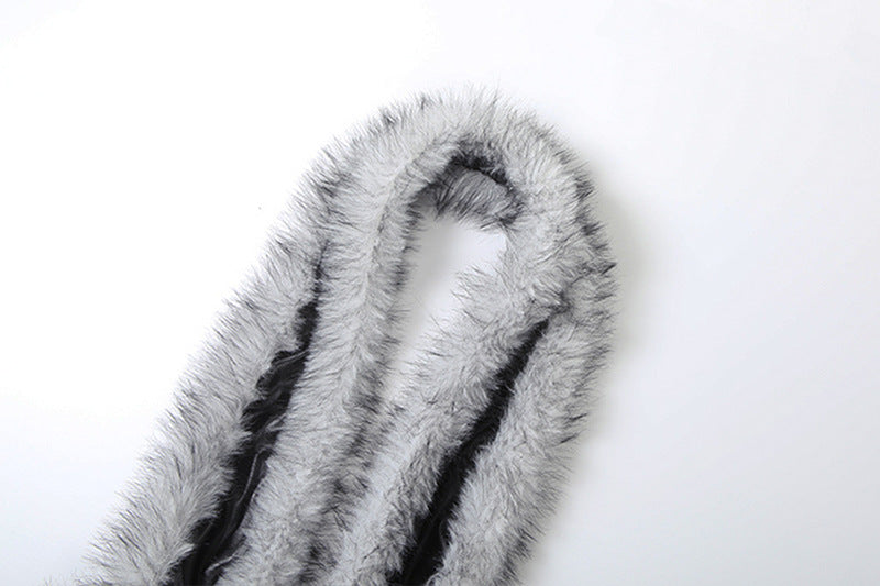 Women's Autumn Winter Fashion Sexy Faux Fur Patchwork Pu Leather Halter Neck Deep V-Neck Dress 14