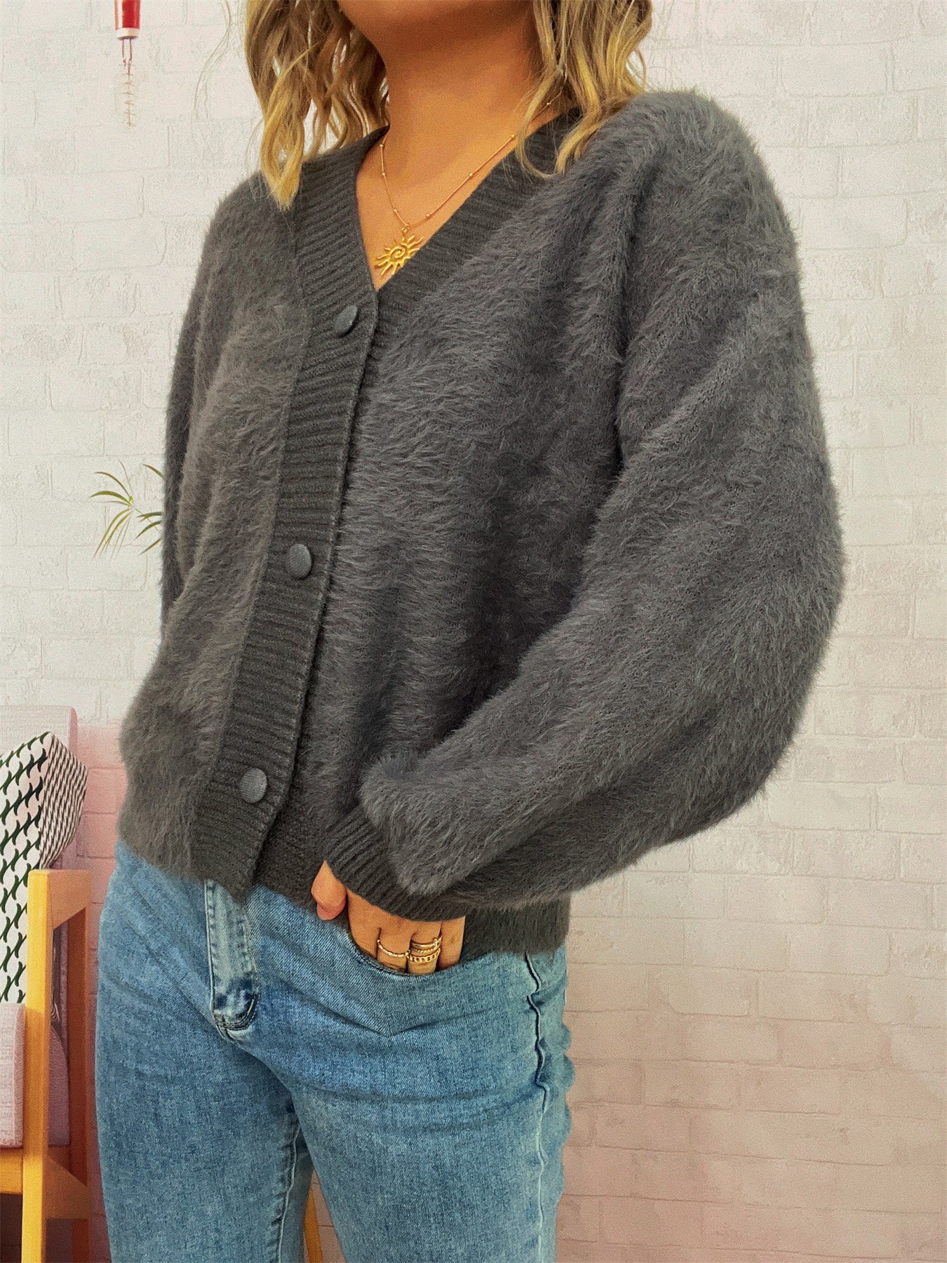 Women autumn/winter casual furry V-neck solid sweater 21