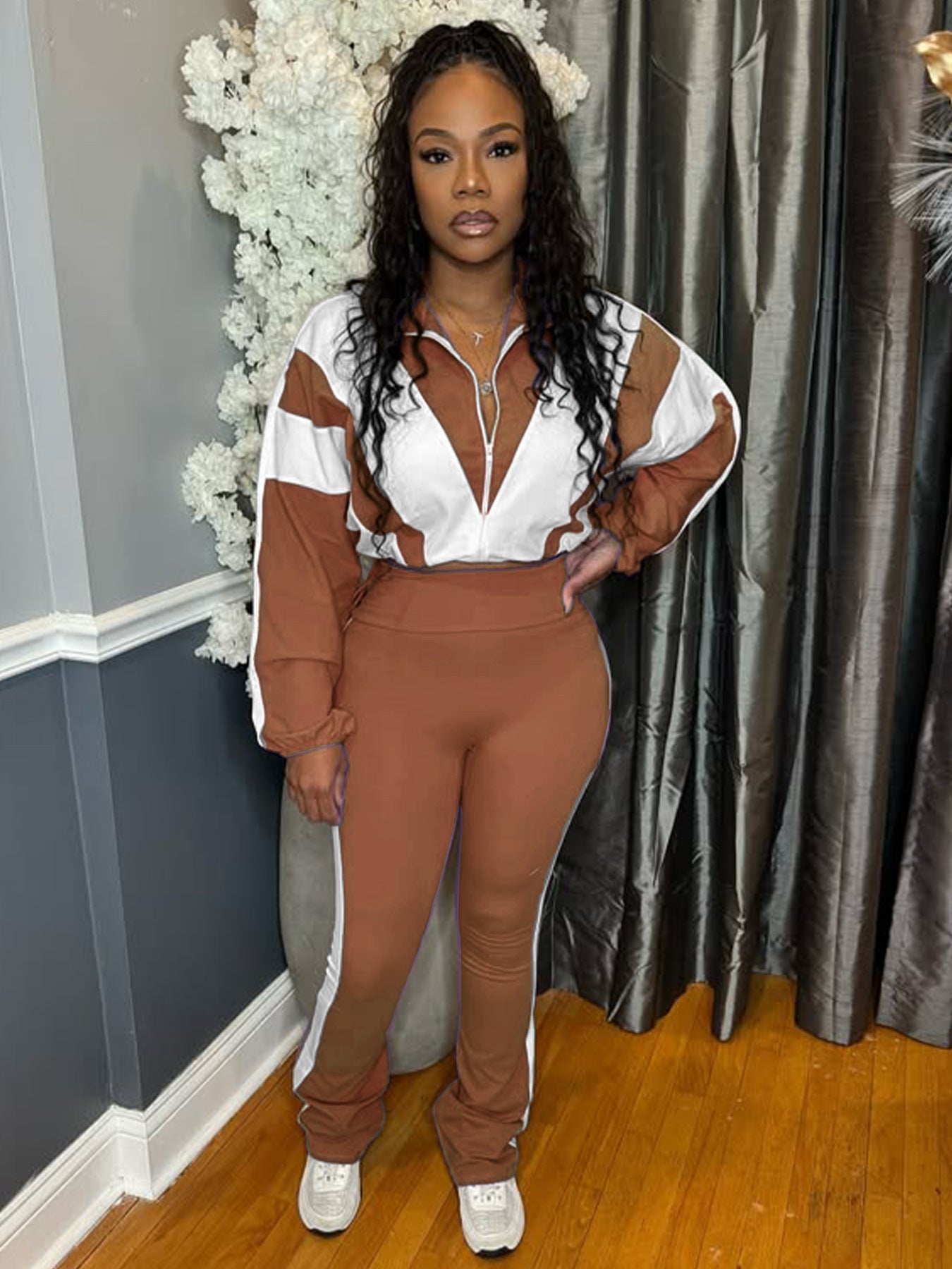 Women’s Casual Sportswear Color Block Slim Waist Two-Piece Jogger Set 8