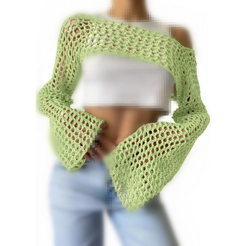 Sexy Hollow Knitting Shirt Solid Color Round Neck Long-Sleeved Cape Blouse 33