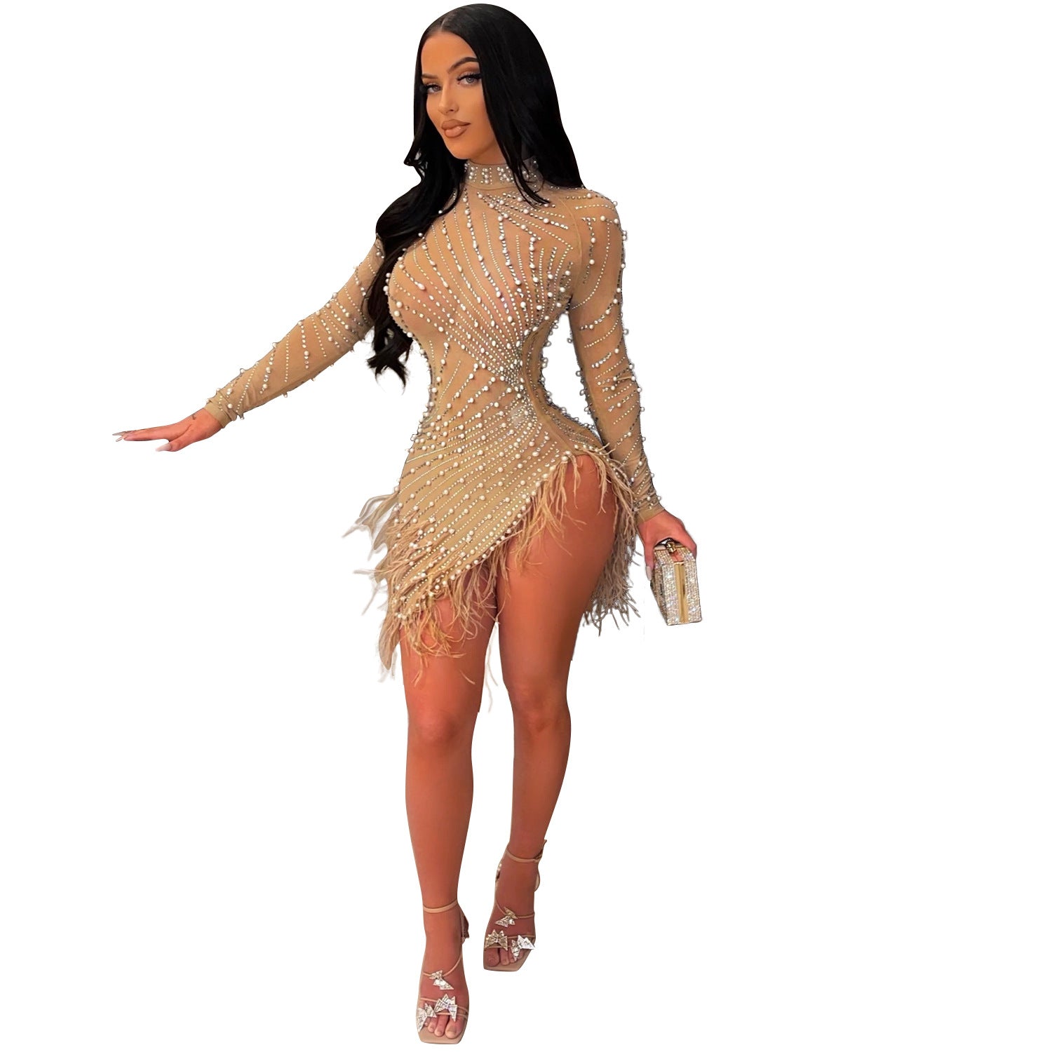 women's fashion sexy beaded dress with feather 3