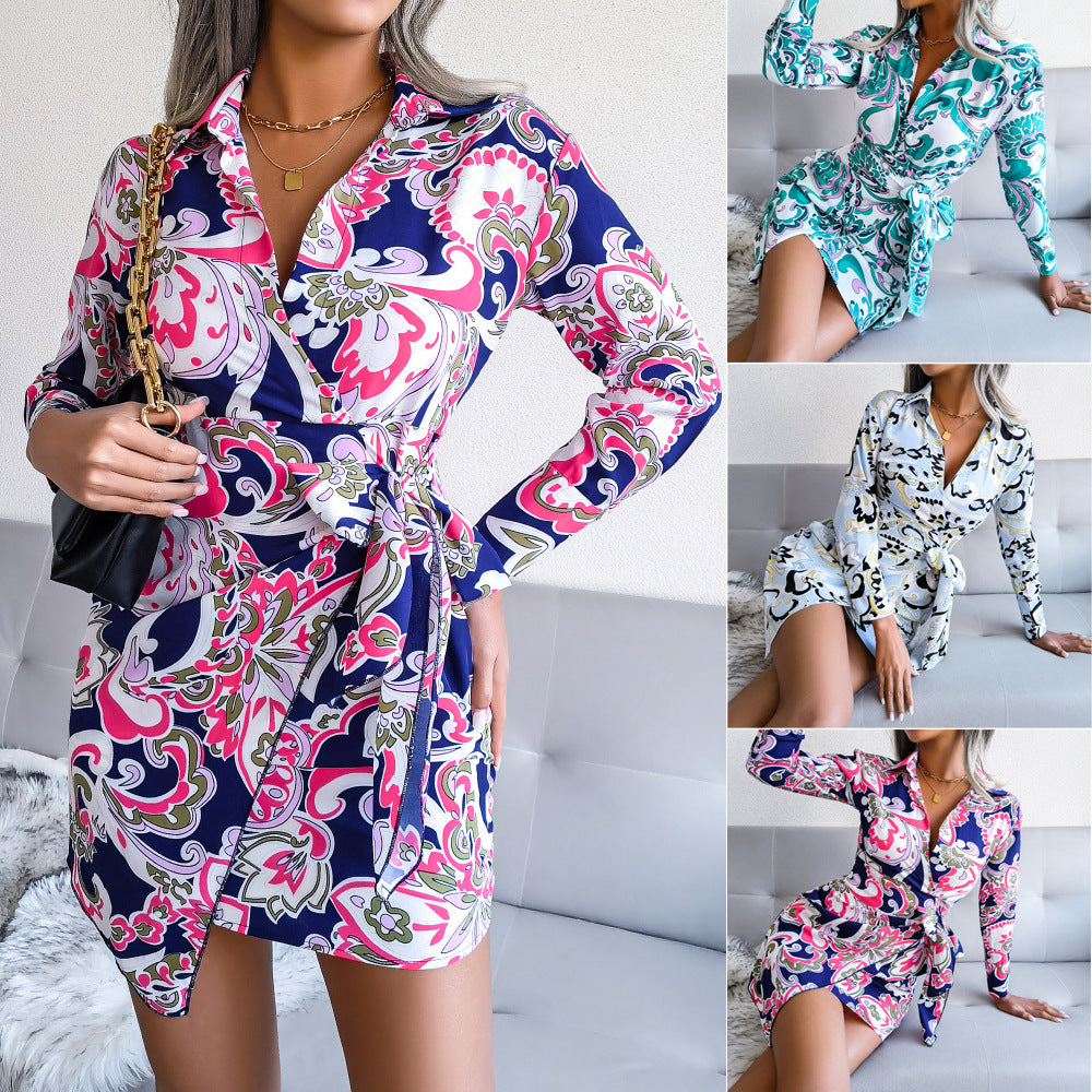 Women Fall/Winter Long Sleeve Printed Casual Lace-Up Shirt Dress