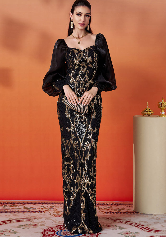 Women long sleeve square neck sequins formal party evening dress