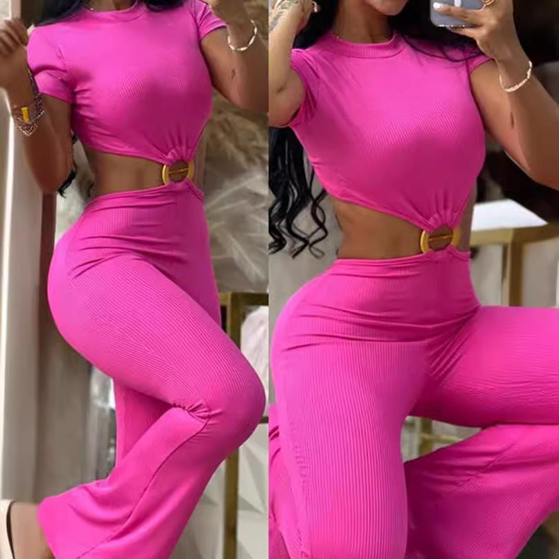 Spring Autumn Women's Sexy Round Neck Low Back Slim Butt Lift Solid Color Jumpsuit Sportswear 5