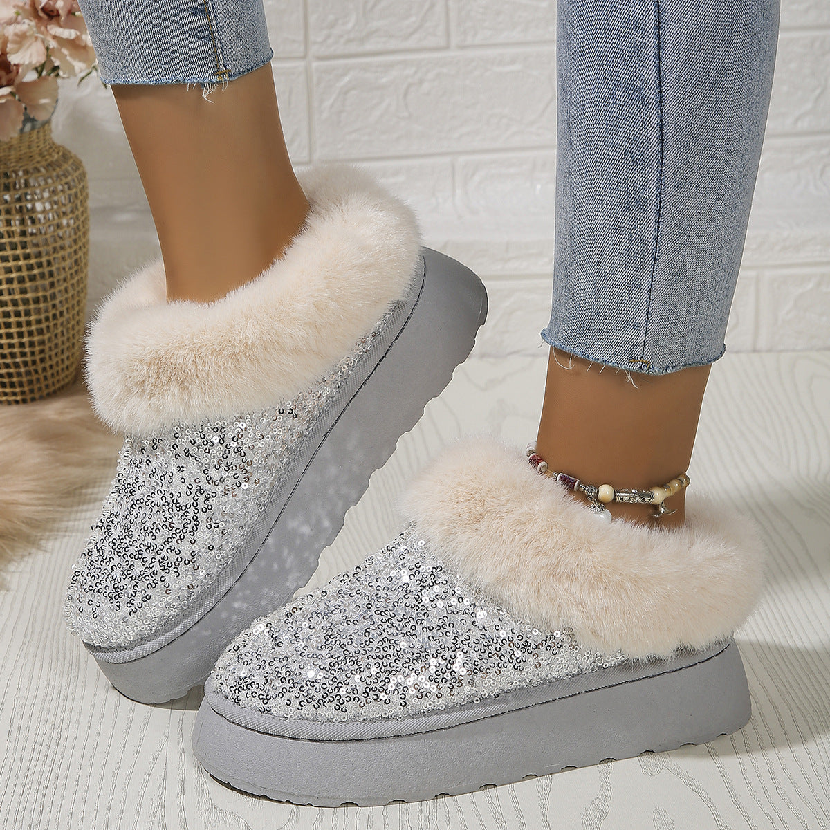 Autumn Winter Women's Thick-Soled Sequined Fleece Snow Boots 9