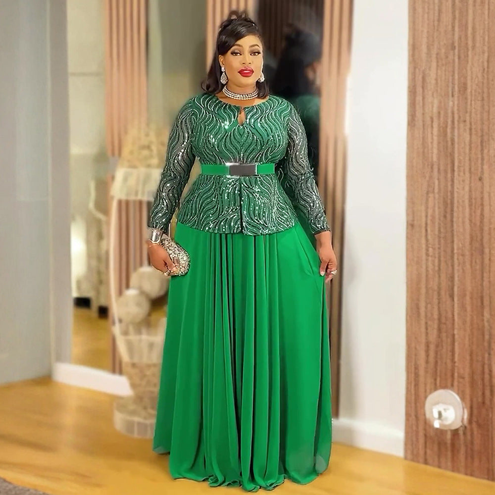 Sequin Formal Party Gown African Women's Plus Size Dress with Belt