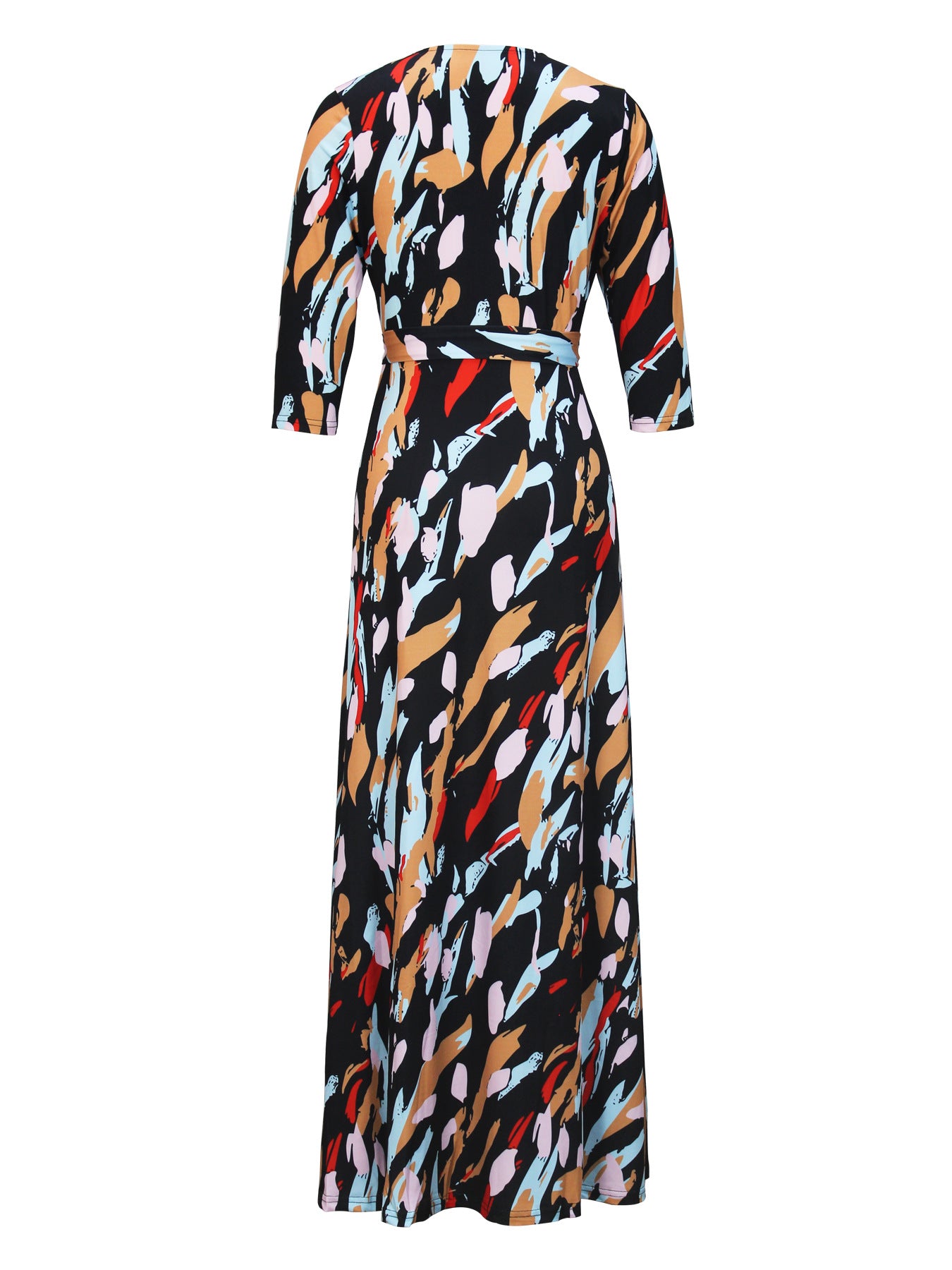 Spring & Autumn Women's Fashion Elegant Wrap V-Neck Half-Sleeve Print Belt Maxi Dress 124