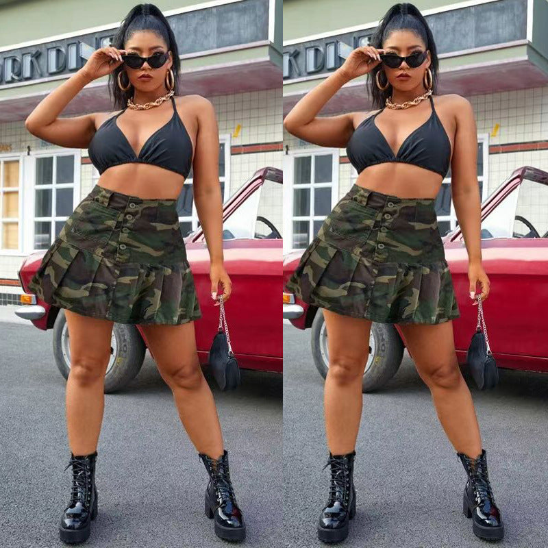 Spring And Summer Women's Camouflage Pocket Button Pleated Mini Skirt 3