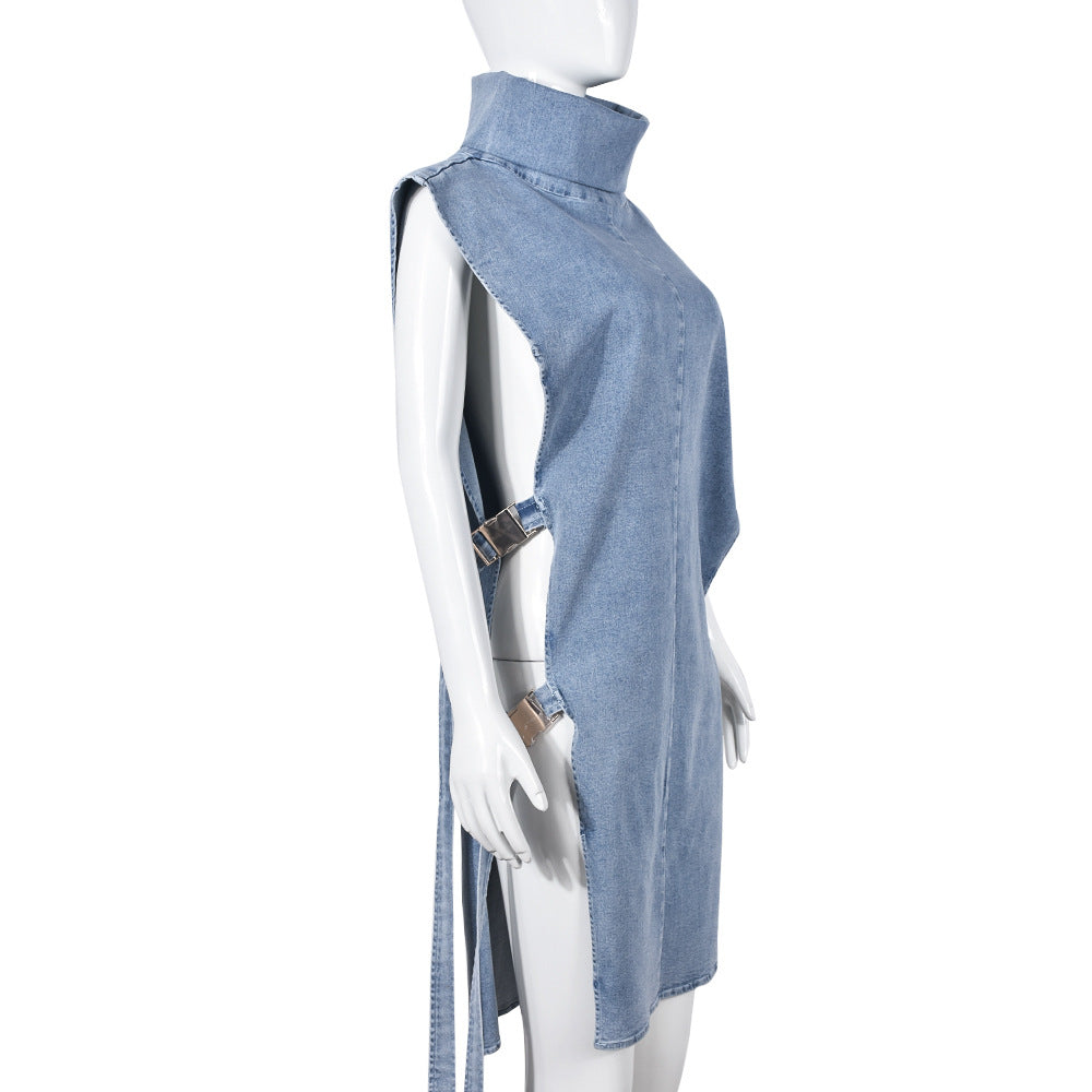 Sexy sleeveless hollow slit high collar denim dress 14