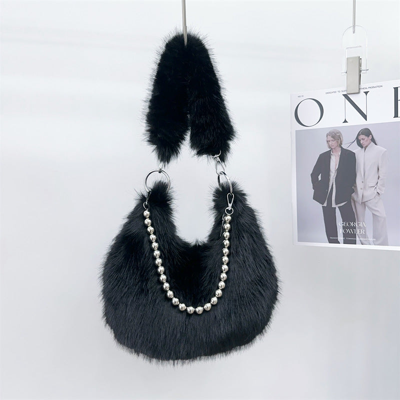 Autumn And Winter Furry Bag Imitation Fox Fur Armpit Bag Pearl Chain Shoulder Bag 3