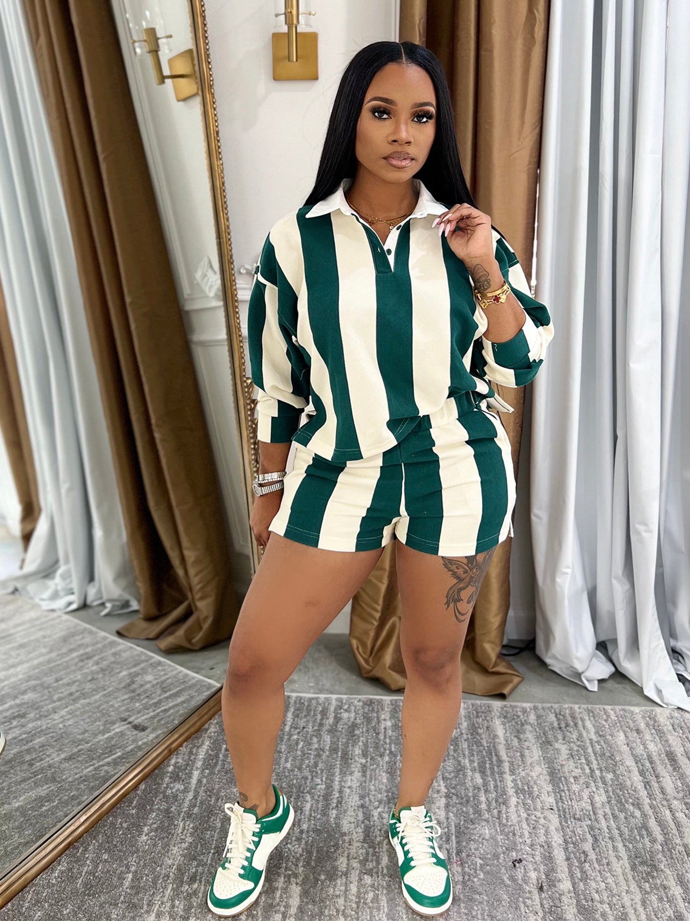 Women Summer Casual Striped Turndown Collar Top and Shorts Two-Piece Set 4