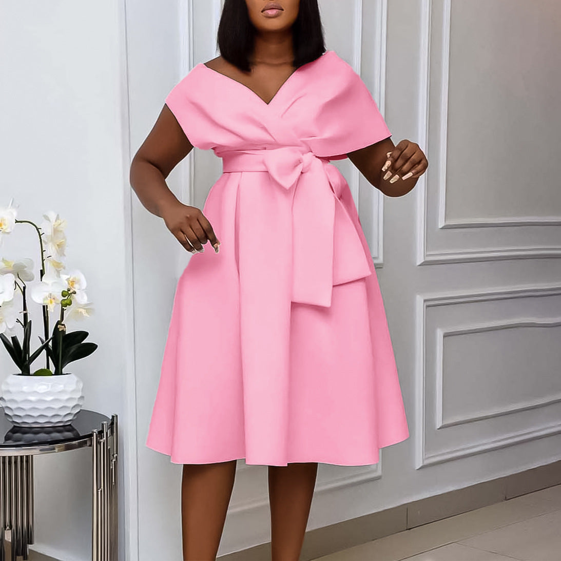 Women's Summer Fashion V-neck Belt Elegant Plus Size African Dress 3