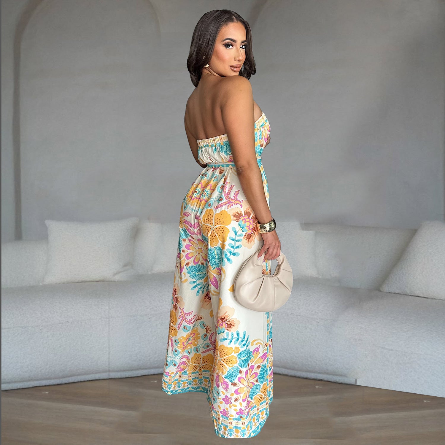 Fashion Women Sexy Strapless Low-Back Wide-Leg Printed Jumpsuit 3