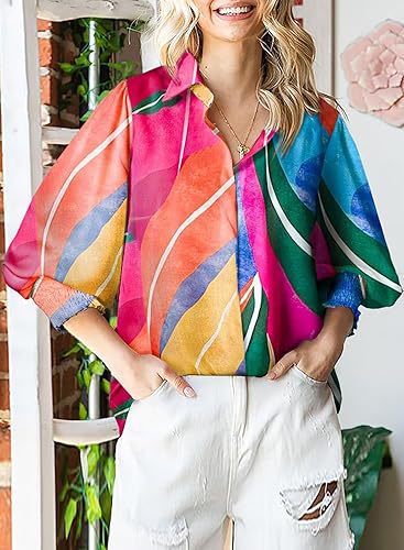 Autumn winter women's long-sleeved printed top Turndown Collar lantern sleeve shirt 4