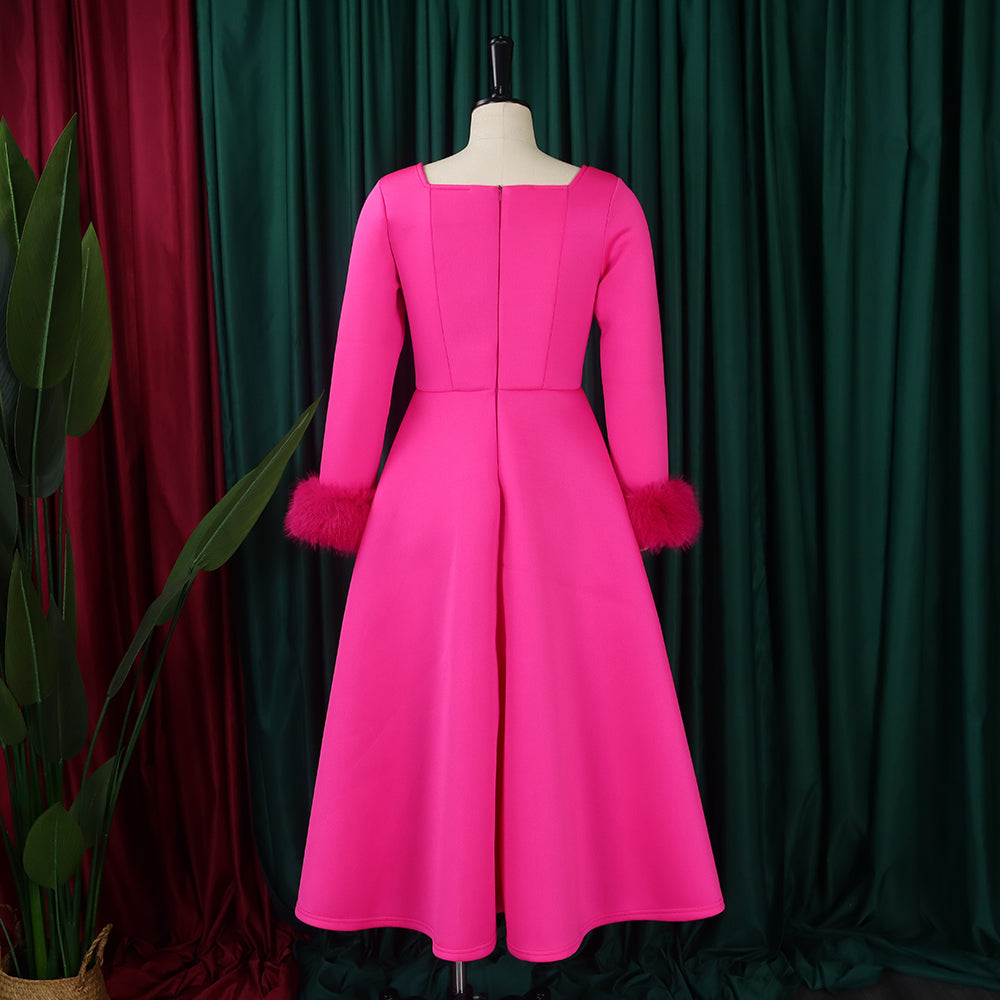 Winter Chic Elegant Fur Decorated Long Sleeve A-Line African Party Dress 18