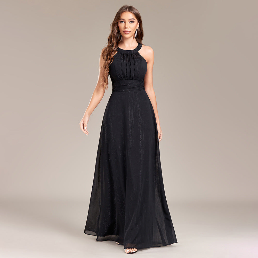 Halter Neck Low Back Pleated Slim Waist Formal Party Black Evening Gown