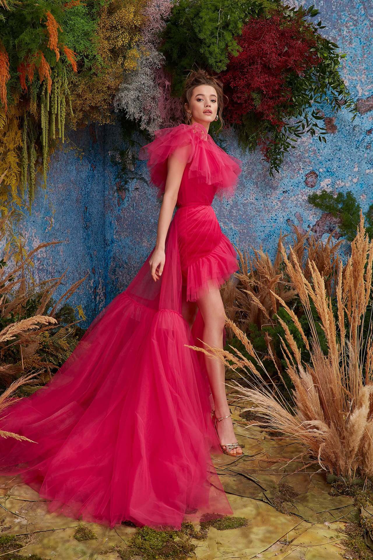 Women's Summer Style Slash Shoulder Pleated Mini Dress Mesh Trailing Formal Party Dress 5