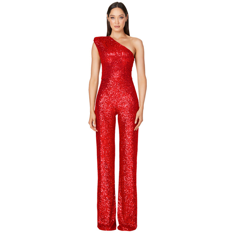 Women's Sleeveless One Shoulder Low Back Sequined Jumpsuit 28