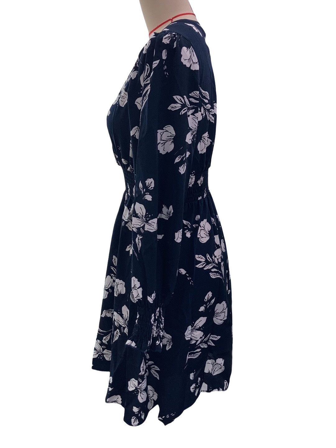 Autumn Winter Elegant Women's Floral Print V-Neck Lantern Sleeve Dress 9