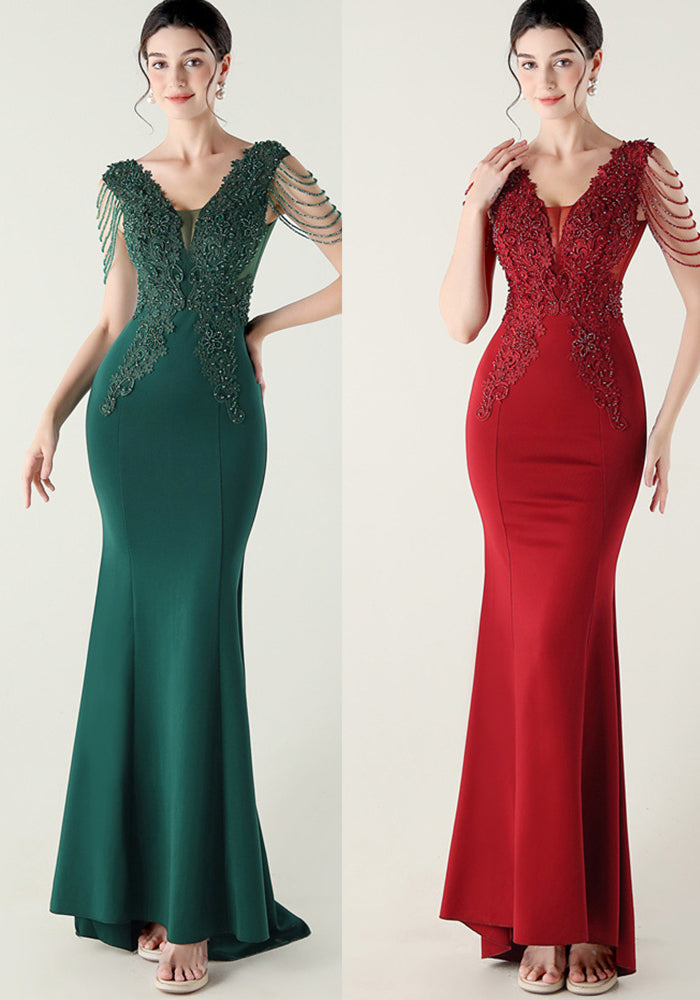 Women Heavy Beaded Applique Fishbone Train Lace-Up Formal Party Evening dress