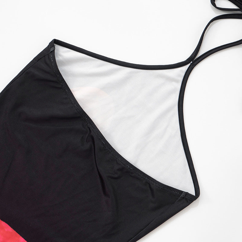 Women Floral Print Halter Neck Lace Sleeveless Bcakless Maxi Dress 29