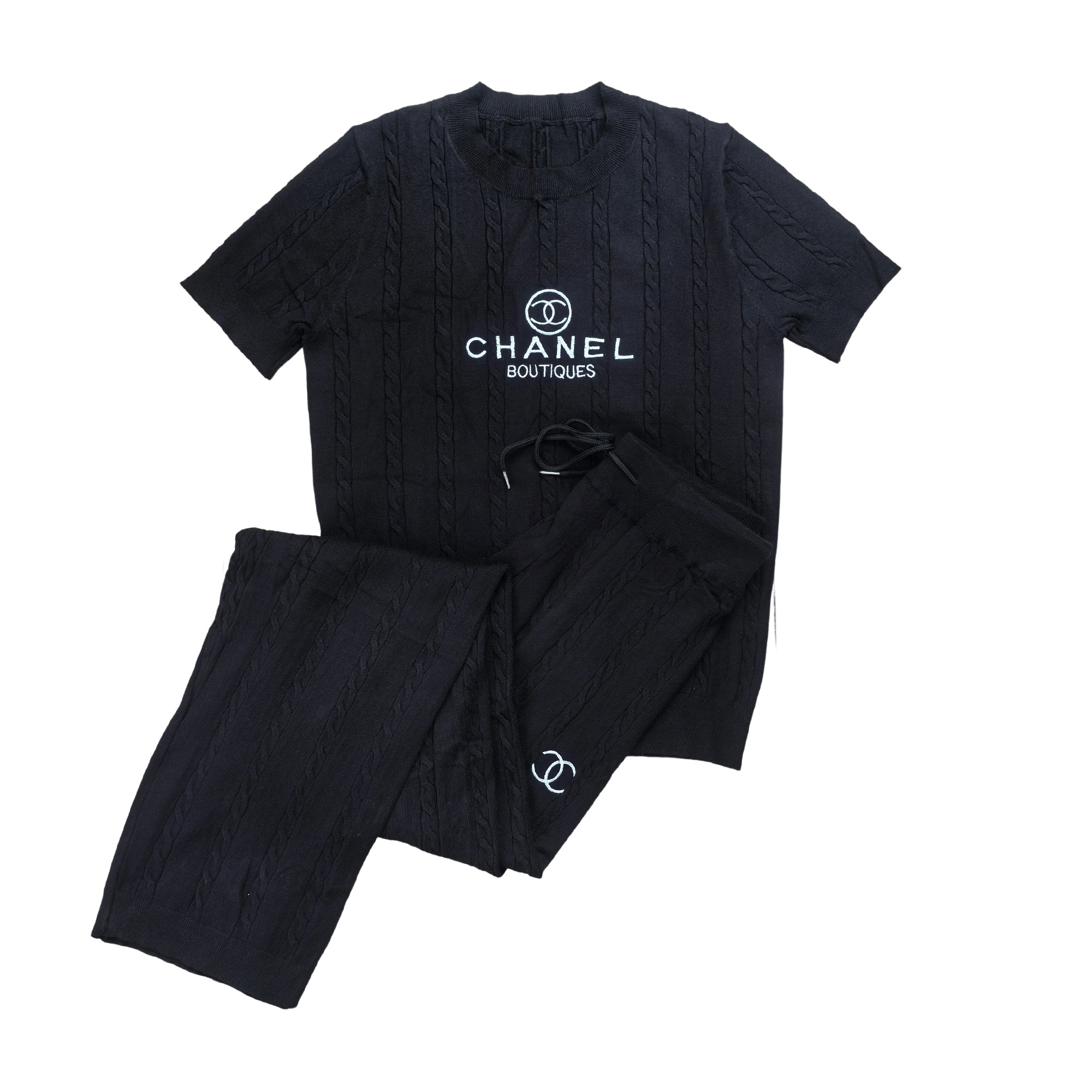 Women Knitting sweater autumn casual short-sleeved sweater top and long pants knitting two-piece set 9