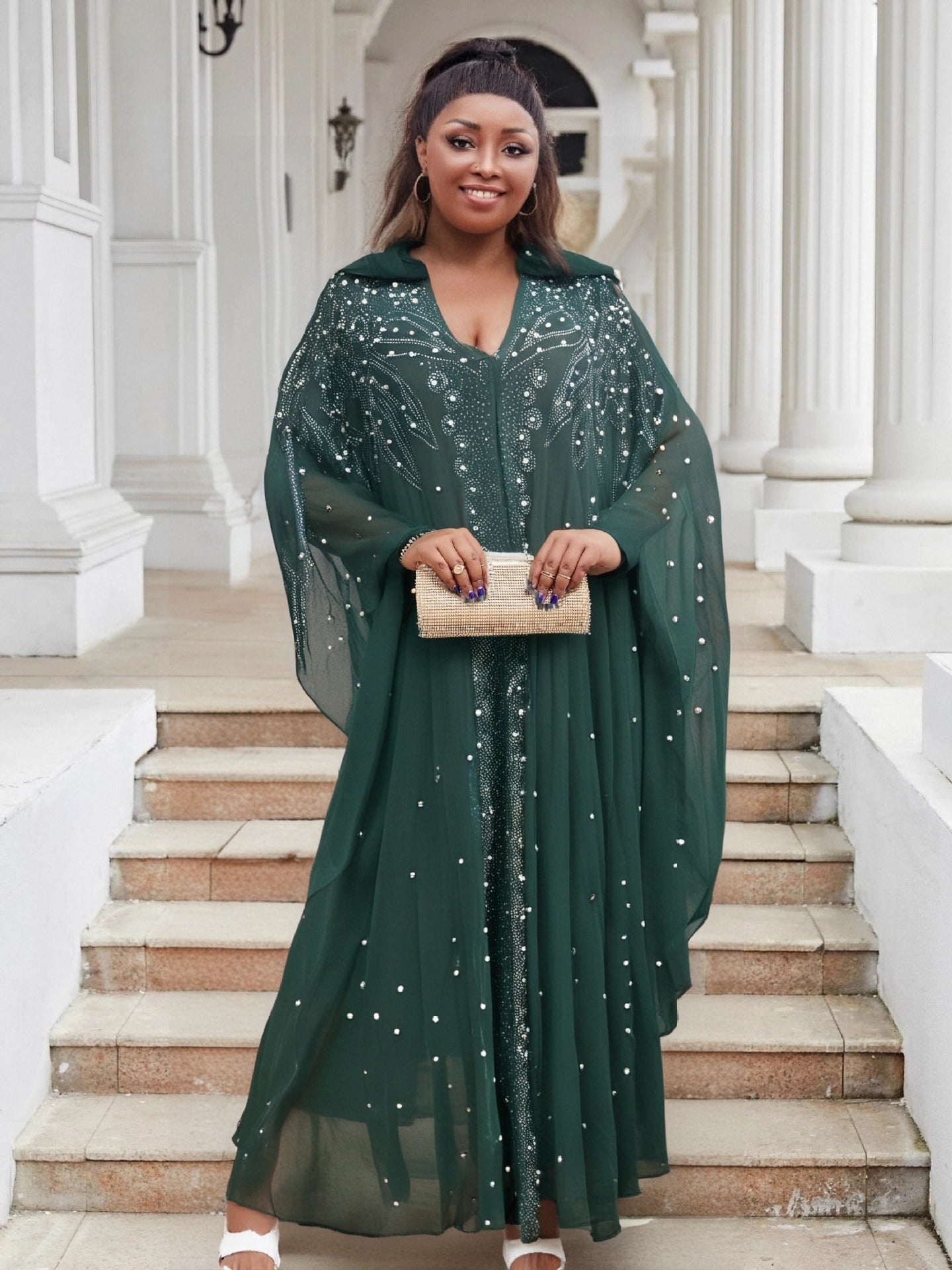 Women Bat Sleeves See-Through Mesh Beaded Beaded Cape Hooded Cape Dress 9