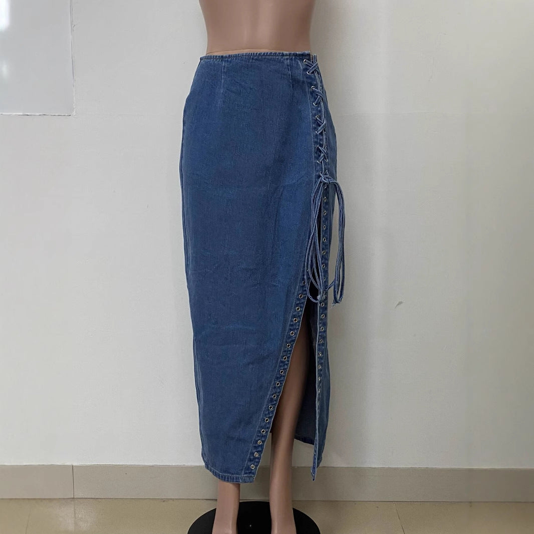 Women Lace-Up Side Slit Denim Skirt 7
